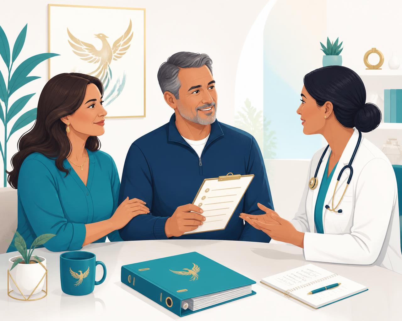 A patient and their caregiver speaking confidently with a physician, with prepared questions and a Health Binder on the table